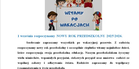  INFORMACJA DOTYCZĄCA ROZPOCZĘCIA NOWEGO ROKU PRZEDSZKOLNEGO 2025/2026